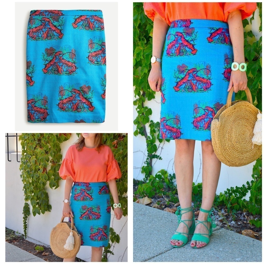 EUC J Crew 2 Pencil® Lobster Print Grasscloth Sea Tropical Blue Skirt 4​​​​​